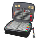 Set of colored pencils in an open case on a white background