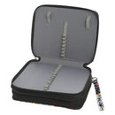 Gray and black carrying case with a strap on a white background