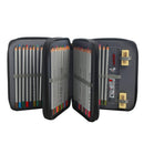 An open black zippered pencil case holding multiple colored drawing pencils, arranged side by side on a plain white background.