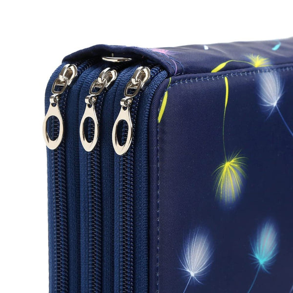 Close-up of a navy blue zippered pouch or document case with a dandelion print in yellow, blue, and white, featuring three silver metal zipper pulls with oval rings.