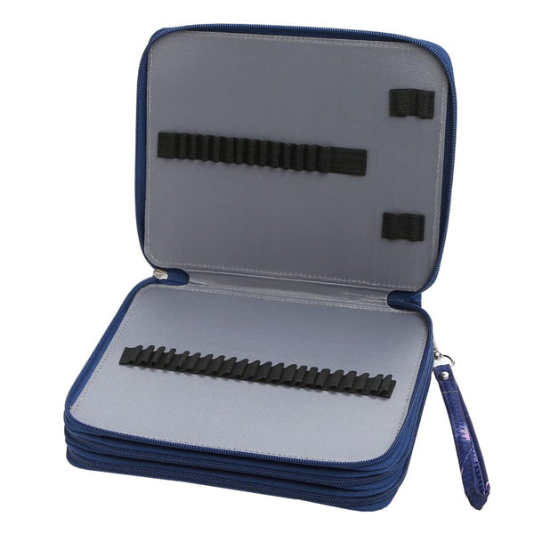 An open blue zippered organizer case with a gray interior, featuring black elastic bands and loops for holding items, shown on a white background.