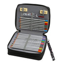Set of colored pencils in a black case with a ruler on a white background