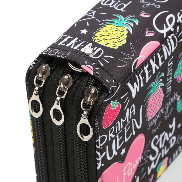 Black pencil case with colorful designs and text on a white background