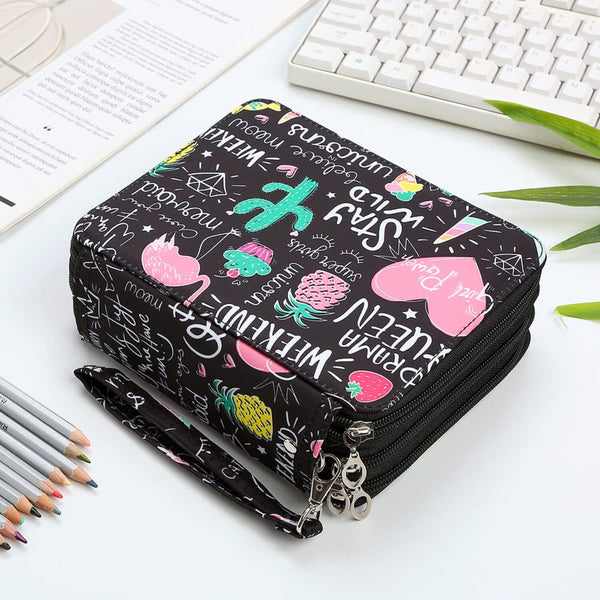 Black pencil case with colorful designs on a desk with pencils and a keyboard.
