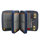 An open blue zippered pencil case holding multiple colored pencils, arranged upright in two panels with elastic bands and a small storage compartment on the right side, shown on a plain white background.