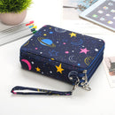 Blue pouch with space-themed design on a white surface