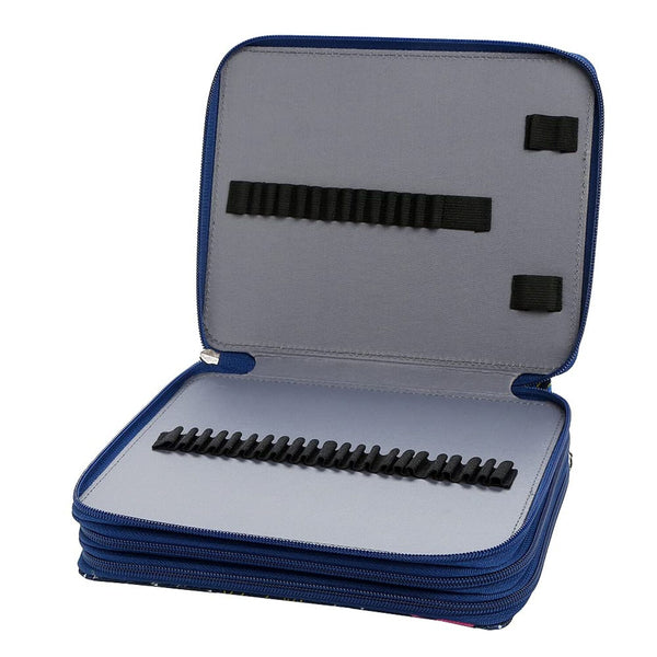 An open blue zippered organizer case with gray interior lining and black elastic and strap inserts, shown on a plain white background.