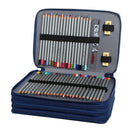 Set of colored pencils in a blue case on a white background