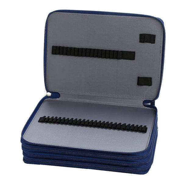 Blue and gray case with black interior padding on a white background