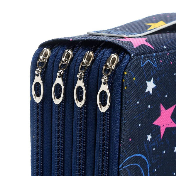 Close-up of a navy blue fabric zippered case with multiple silver zipper pulls and a starry space print on the side.