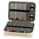 An open rectangular pencil case containing multiple colored pencils arranged in rows. The case is cream-colored with a gray interior, black elastic bands, and small gold-toned clips, shown on a plain white background.