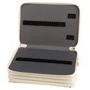 An open zippered hard case with a cream-colored exterior and dark gray interior padding, featuring black elastic band loops on both the inside lid and base, shown on a white background.