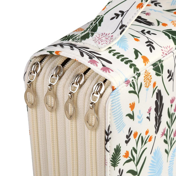 Close-up of a zippered fabric case or organizer with a cream base and a colorful floral and botanical print in green, orange, pink, and blue. The case has multiple silver metal zipper pulls and a matching fabric strap.