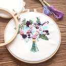 Embroidery hoop with floral design on a wooden surface