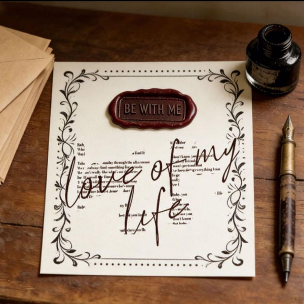 Invitation card with 'Be with me' and 'love of my life' text on a wooden surface with envelopes and an inkwell.