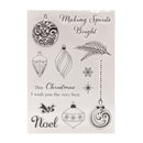 Set of Christmas-themed stamps with decorative elements and text on a white background