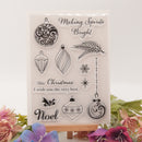 Clear stamp set with Christmas designs on a white background with flowers.