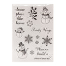 Set of Christmas-themed stamps with snowmen, snowflakes, and text on a white background.