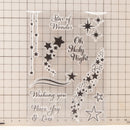 Decorative metal cutting dies with star designs and text on a grid background