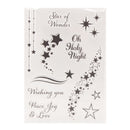Decorative card with star designs and text on a white background