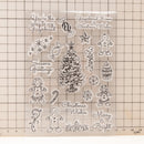 Set of Christmas-themed stamps on a grid background