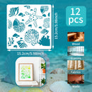 Seashell-themed stencils with measurements and application examples on a blue background