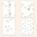 Four stencils with geometric patterns on a beige background