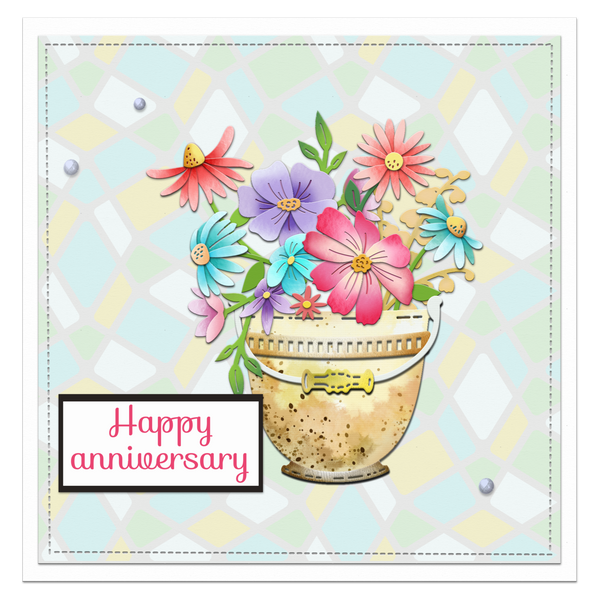 Card with flowers in a pot and 'Happy anniversary' text on a checkered background