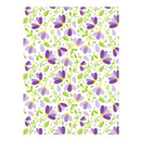Pattern of purple flowers with green leaves on a white background