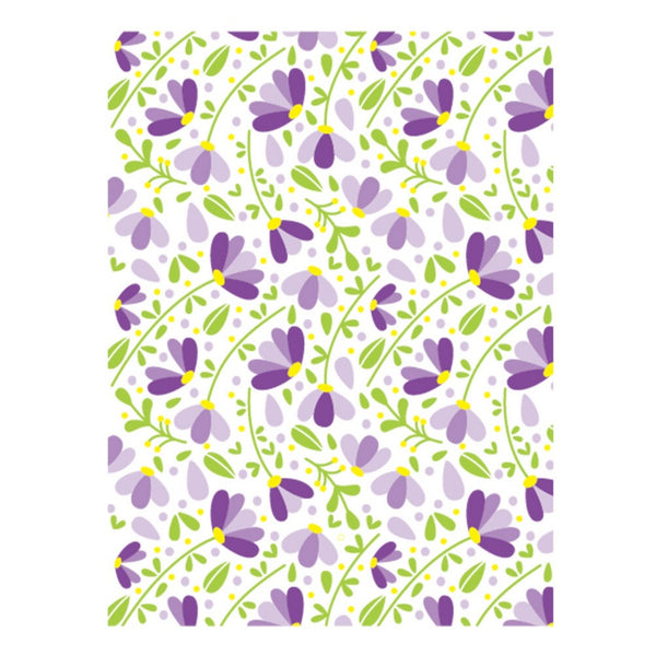 Pattern of purple flowers with green leaves on a white background