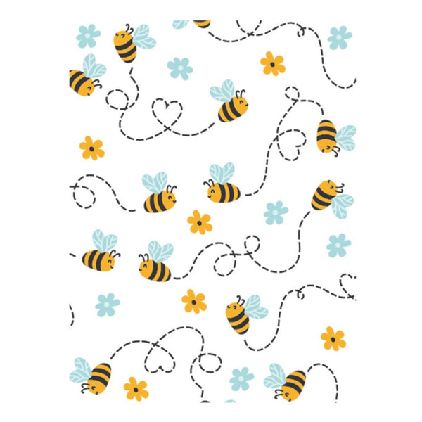 Pattern of bees and flowers on a white background
