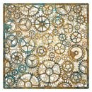 Pattern of gears in brown, beige, and blue on a square background