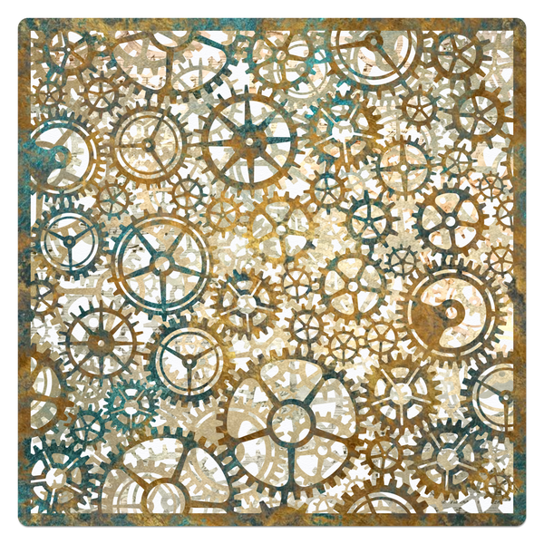 Pattern of gears in brown, beige, and blue on a square background