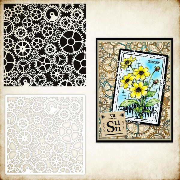 Collection of stencils with mechanical design, floral pattern, and text overlay on a textured background.