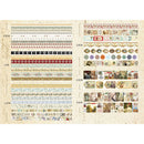 Collection of decorative washi tape strips with various designs on a beige background