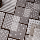 Collection of gray patterned paper sheets with various designs.