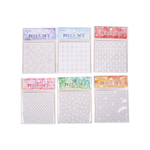 Set of six packages of polka dot pattern paper with colorful labels on a white background.