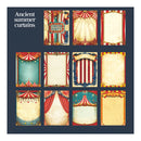 Collection of vintage-style circus-themed curtains on a blue background
