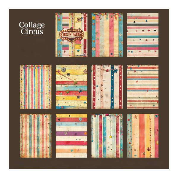 Collage of colorful patterned paper sheets with 'Collage Circus' branding on a brown background.