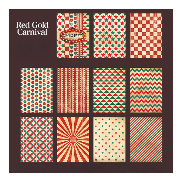 Collection of red, gold, and green patterned paper sheets with 'Red Gold Carnival' text.