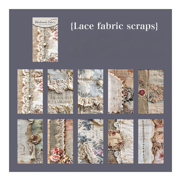 Collection of lace fabric scraps with a 'Handmade Fabric' label on a gray background.