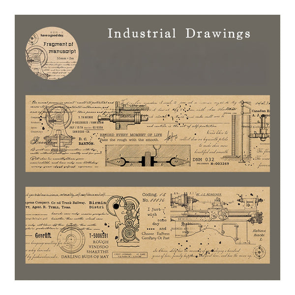 Poppy Craft Printed Kraft Sticker Roll - Industrial Drawings