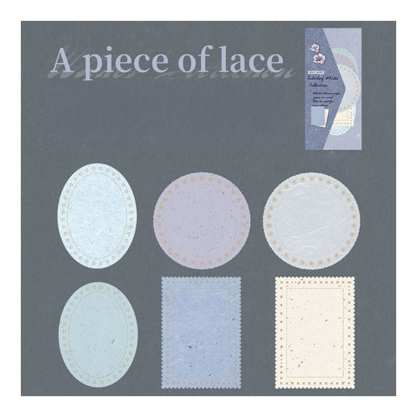 Set of lace pieces on a gray card with text 'A piece of lace'.