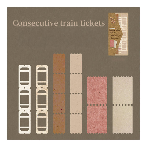 Collection of consecutive train tickets on a brown background with text.