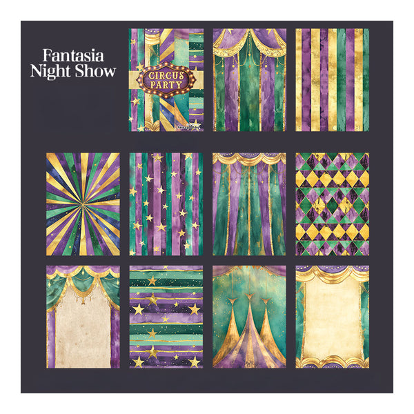 Collection of colorful circus-themed design elements on a black background with 'Fantasia Night Show' text.