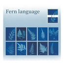 Collection of blue fern illustrations with 'Fern language' text on a light blue background.