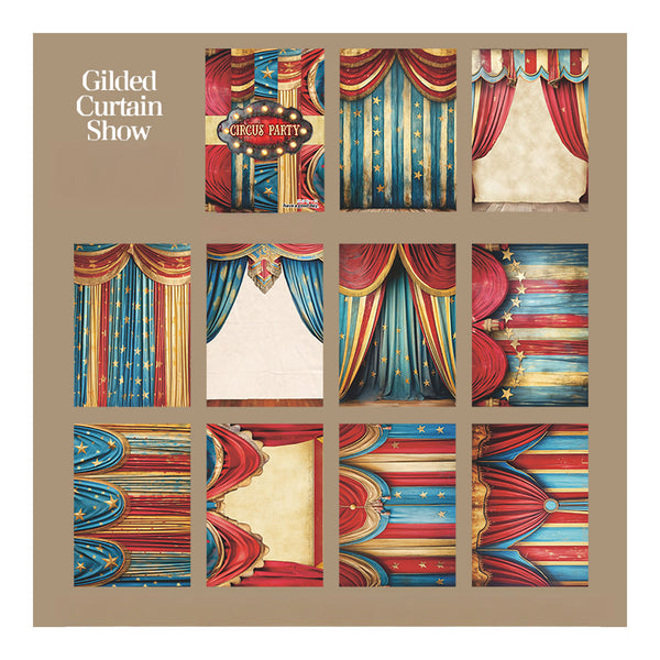 Gilded Curtain Show with decorative curtain designs on a beige background