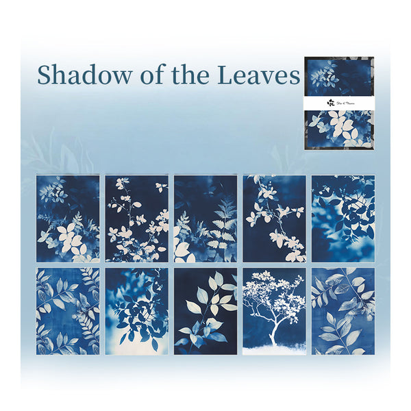 Collection of blue and white floral and leaf patterns with 'Shadow of the Leaves' text.