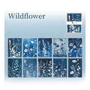 Packaging of Wildflower stationery set with blue and white floral designs on a light blue background.