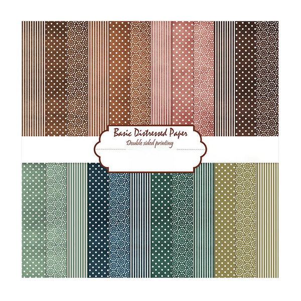 Collection of patterned paper sheets with a 'Basic Distressed Paper' label.